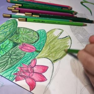 Watercolours pencils and lilies drawing by Arty Amber